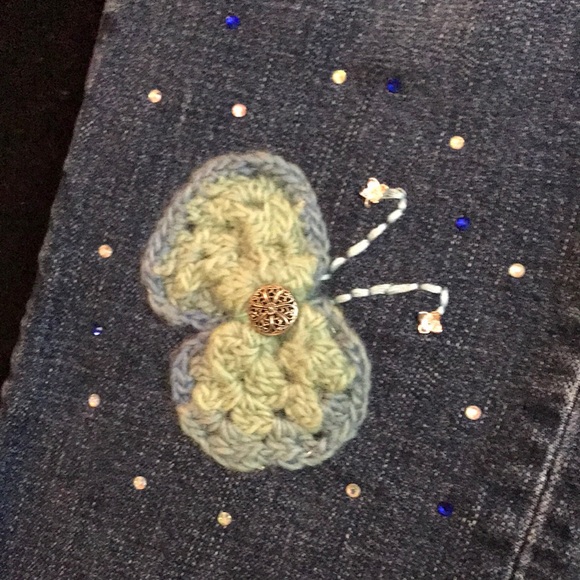 Women’s UPCYCLED HAND CRAFTED GAP Blue Jeans with Butterfly Designs Sz 29/8L - Picture 9 of 16